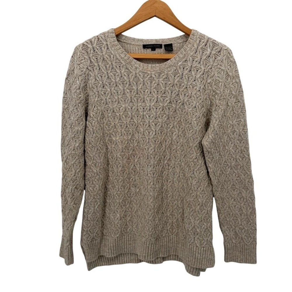 Jeanne Pierre Beige Cotton Cable Knit‎ Crew Neck Fisherman Sweater Size LG